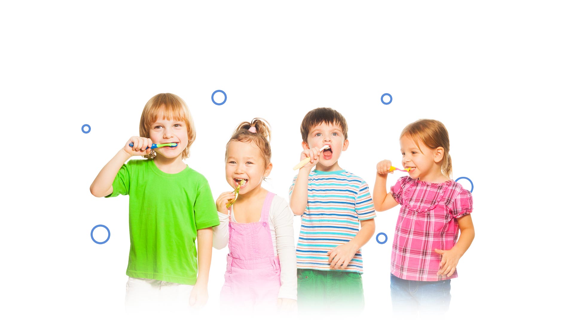 Group of happy children brushing their teeth